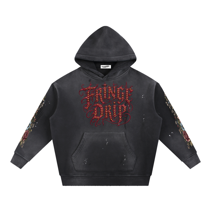 "Fringe Drip Gothic Hoodie" Vintage Washed Frayed Fleece Hoodie