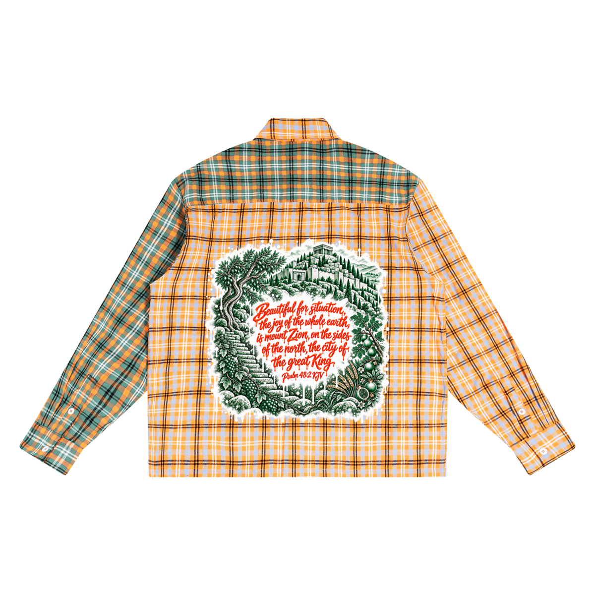 "The City of the Great King" Unisex Oversized Plaid Color Block Shirt
