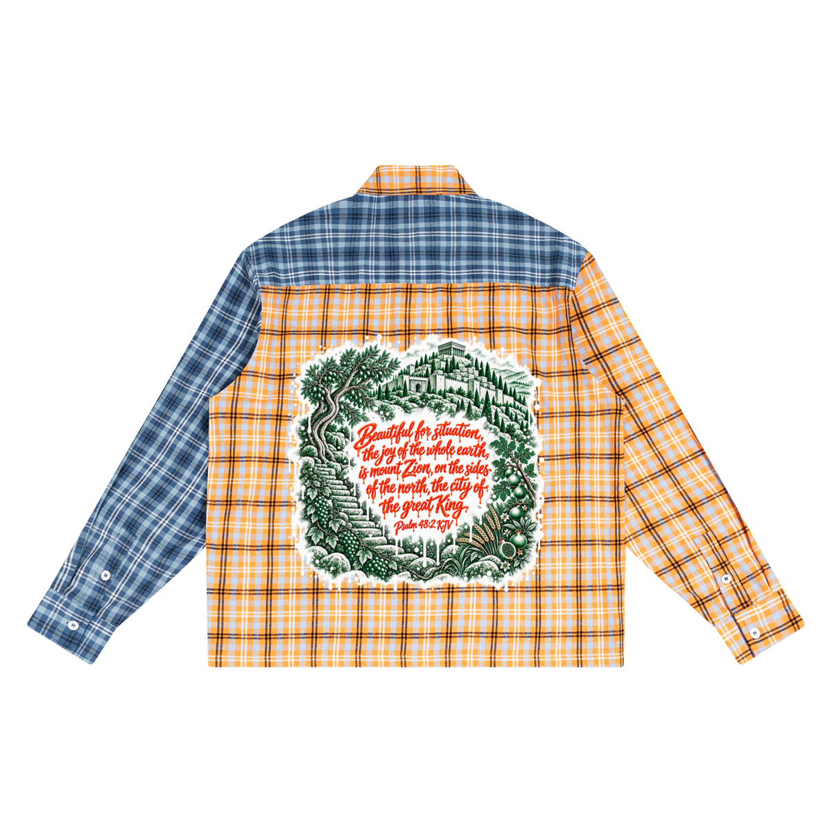 "The City of the Great King" Unisex Oversized Plaid Color Block Shirt